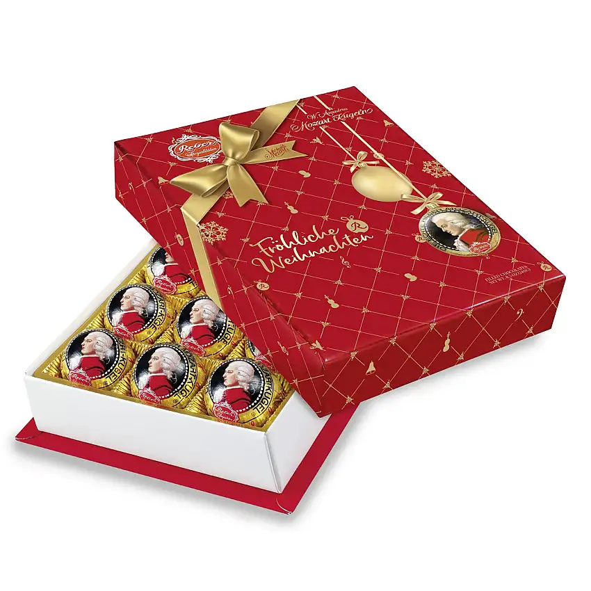 Reber Echte Reber Mozart-Kugeln, Weihnachts-Edition, Pralinen aus Zartbitter-Schokolade, Marzipan, Nougat, Ideales Weihnachtspräsent, 12er-Packung