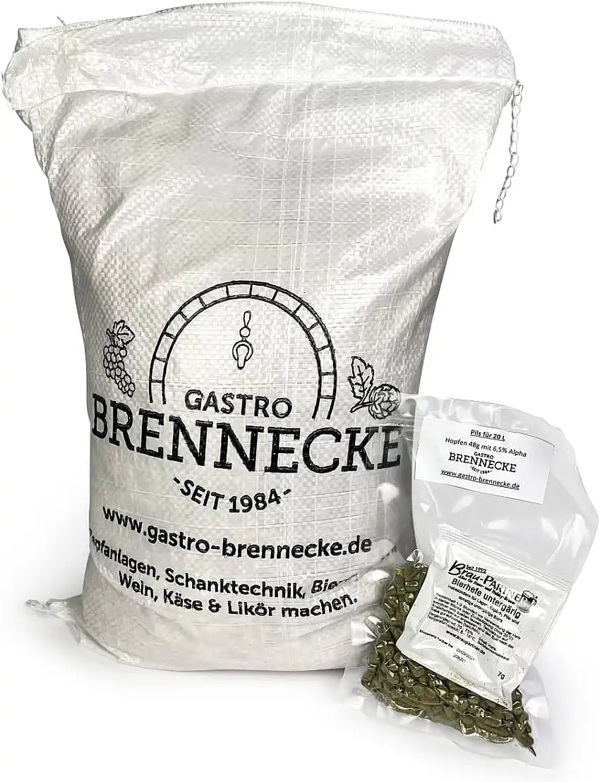 Malzmischung Pils untergärig mit Hopfen und Bierhefe geschrotet oder ungeschrotet (20 Liter, ungeschrotet)