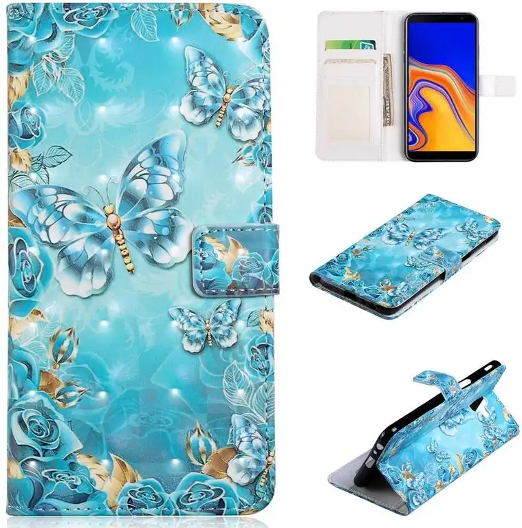 Shinyzone Brieftasche Hülle für Samsung Galaxy J6 Plus,Premium 3D Kristall Marmor Leder Magnetic mit Kartenfach Flip Stand Handyhülle für Samsung Galaxy J6 Plus-Blau Schmetterling