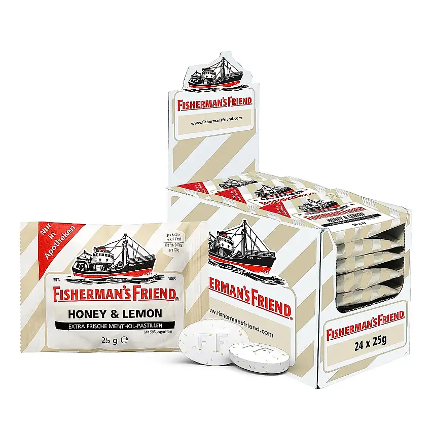 Fisherman's Friend Honey & Lemon, 24er Vorratsbox, Exklusive Sorte Honig, Zitrone & Menthol Geschmack, zuckerfrei, Bonbon für frischen Atem, 24 x 25g