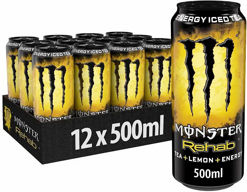 Monster Energy Rehab Lemonade mit Tee Extrakten & Zitronen-Geschmack - ohne Kohlensäure, 2in1 Energie Getränk & Eistee!, Energy Drink Palette, EINWEG Dose (12 x 500 ml)