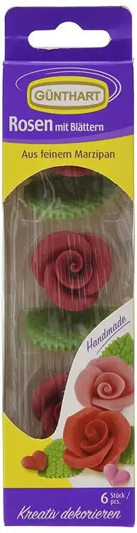 Günthart Marzipan-Rosen rot mit Blättern, 33 g