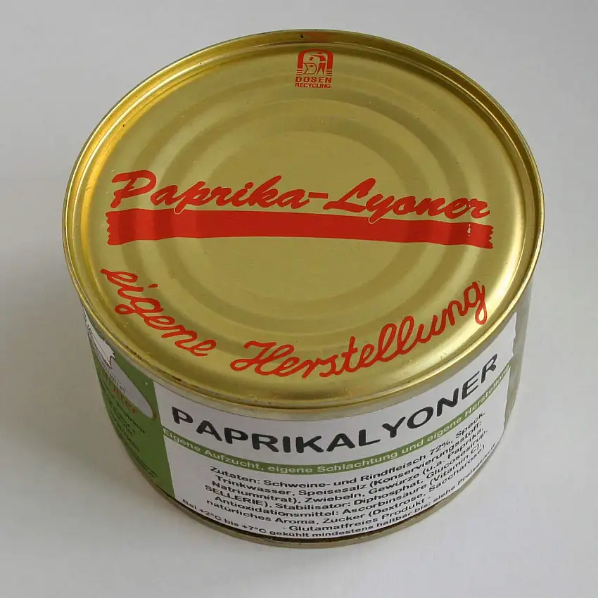 Paprikalyoner in der 400g Dose, Dosenwurst 6 Monate haltbar gekühlt im Kühlschrank, antibiotikafreie Aufzucht, Landmetzgerei Sandritter