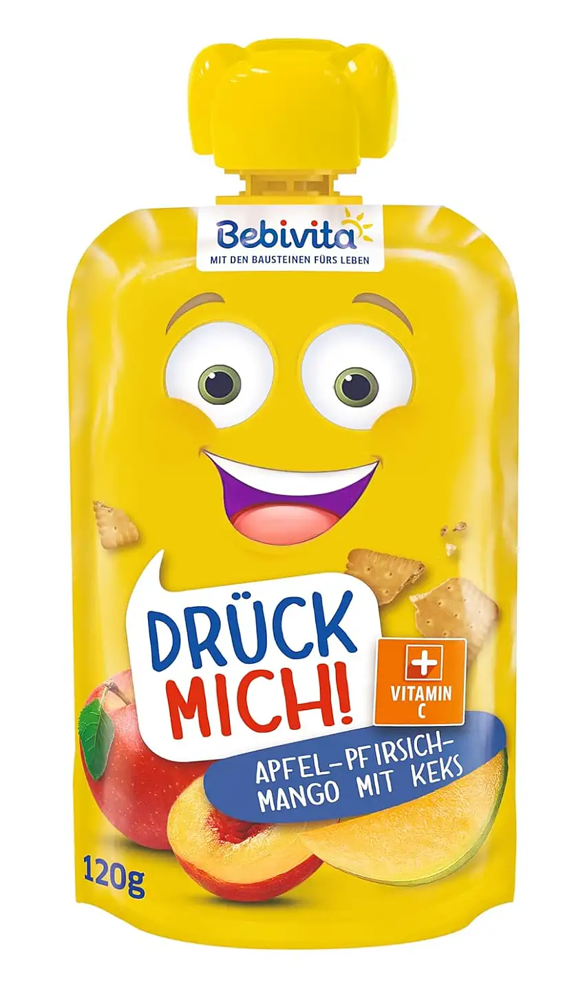Bebivita Drück mich! Quetschbeutel Apfel-Pfirsich-Mango mit Keks, 6er Pack (6 x 120 g)