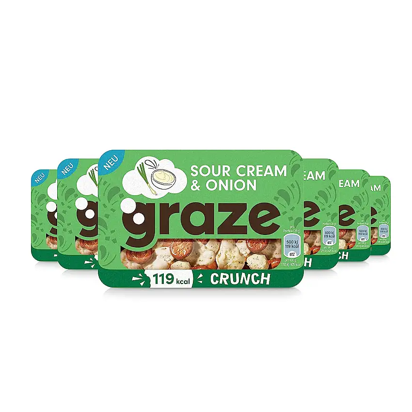 Graze Sour Cream & Onion Crunch mit 119 kcal pro Portion perfekter Snack zwischendurch 6 Stück a 28 g