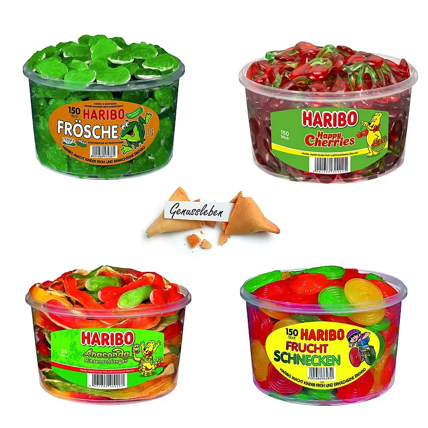 Haribo 4er Set Bundle Mix Rotella Fruchtschnecken, Fr?sche, Anaconda Schlangen, Happy Cherries und 1 Genussleben Glückskeks Gratis