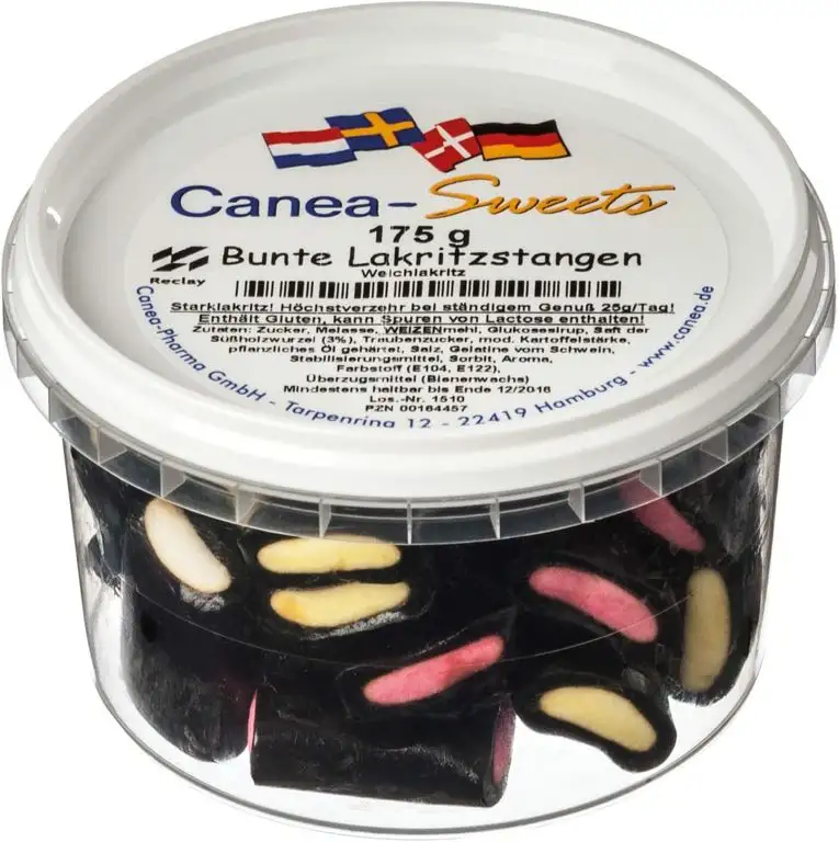 Canea-Sweets Weichlakritz mit süßer Füllung, BUNTE LAKRITZSTANGEN Dose, 1er Pack (1 x 175 g)