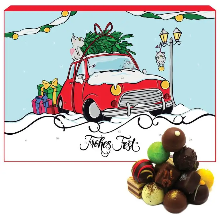 Hallingers 24 Pralinen-Adventskalender, mit/ohne Alkohol (300g) - Flamingo (Advents-Karton) - zu Weihnachten Adventskalender