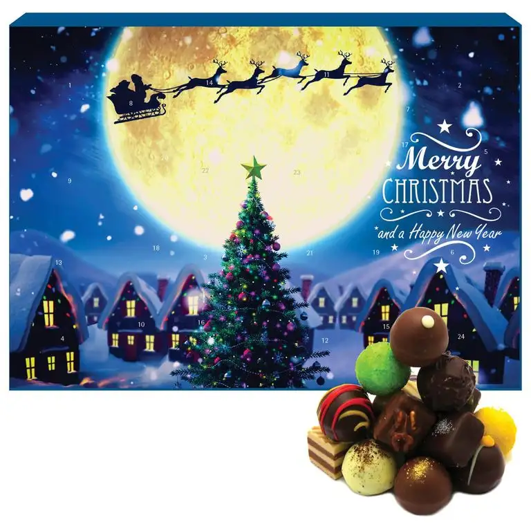 Hallingers 24 Pralinen-Adventskalender, mit/ohne Alkohol (300g) - Magische Reise (Advents-Karton) - zu Weihnachten Adventskalender