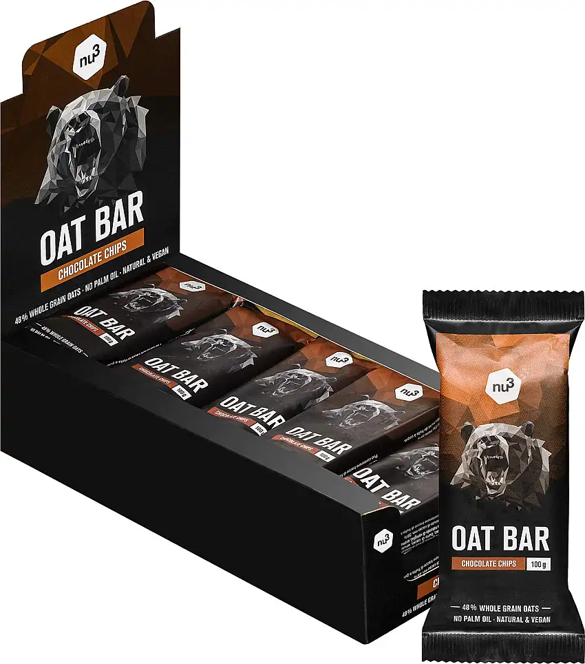 nu3 Oat Energy Bar 15x 100g – Chocolate Chips ohne Palmöl - Fitness Energie Riegel mit 55% Kohlenhydraten für Ausdauer- und Kraftsport - Müsliriegel to go – natürlicher Haferriegel Flapjack Vegan