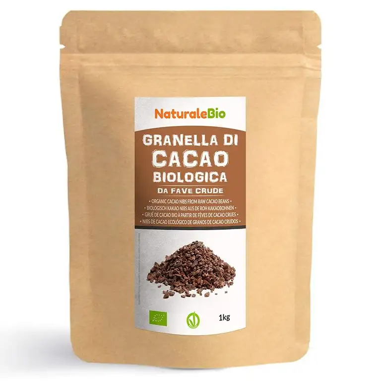Roh Kakao Nibs Bio 1Kg. Organic Raw Cacao Nibs. 100 % Rohkost, natürlich und rein. Produziert in Peru aus der Theobroma Cocoa Pflanze. Quelle für Magnesium, Kalium und Eisen.