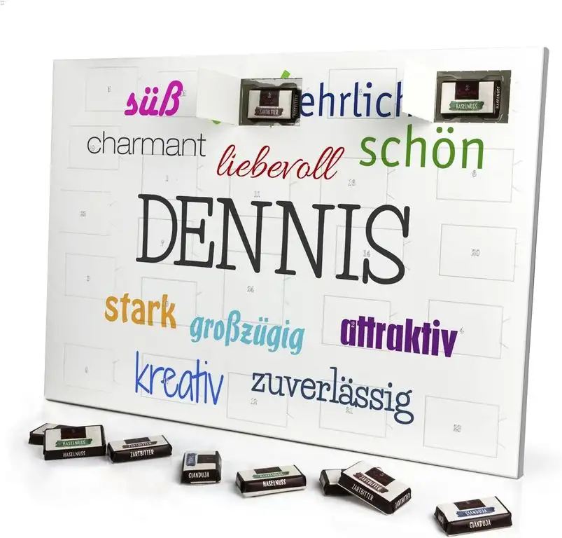 printplanet - Adventskalender mit Namen Dennis - gefüllt mit Schokoladen-Füllung - personalisiert mit Namens-Motiv Positive Eigenschaften - Schoko-Kalender, Weihnachtskalender, Namenskalender