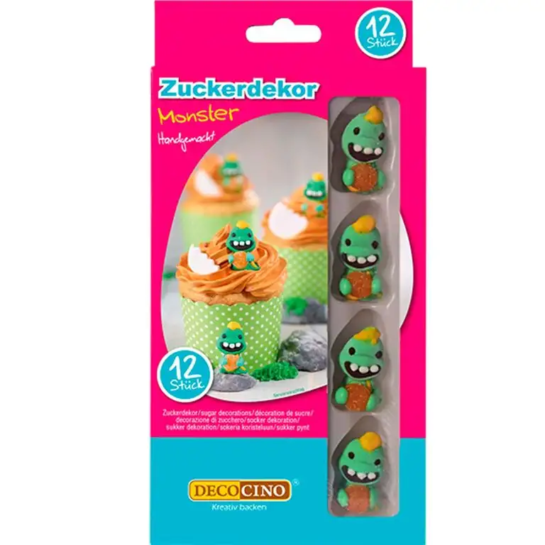 DECOCINO Cake Decor, Monster Zucker-Dekor – 12 Stück – essbares Dekor, zum Verzieren von Cupcakes, Kuchen & Torten – ohne Palmöl, glutenfrei & halal