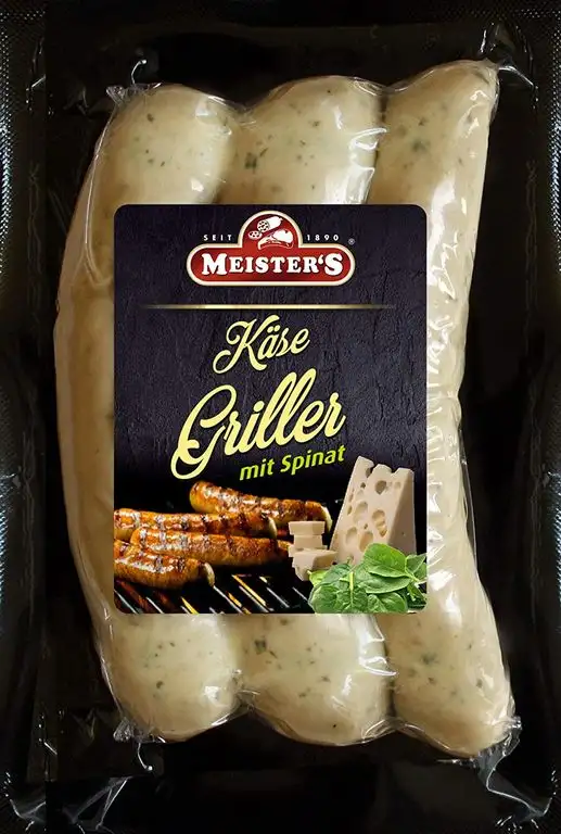 BBQ Käsegriller mit Spinat | Gourmet Bratwurst mit Käse Emmentaler | Bautzner Wurst zum Grillen und Braten | 300g