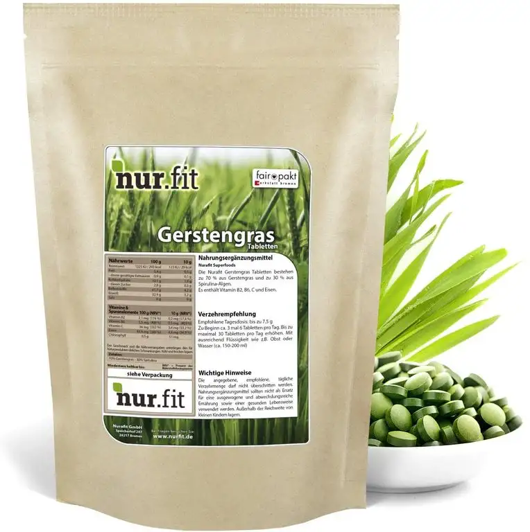 nur.fit by Nurafit Gerstengras Presslinge 500g / 2000 Stück – rein natürliche Tabs aus Gerstengras mit Spirulina ohne Zusatzstoffe – Gerstengrastabletten als Superfood mit Vitaminen und Eisen