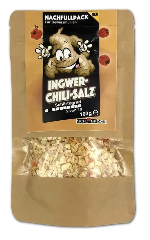 Schlump-Chili⎥ICHISA⎥Ingwer Chili Salz Nachfüllpack Gewürzmischung mit Meersalz, Ingwer und Chilis⎥geeignet für Gewürzmühlen mit Edelstahlmahlwerk oder Keramikmahlwerk (1x 100 g)