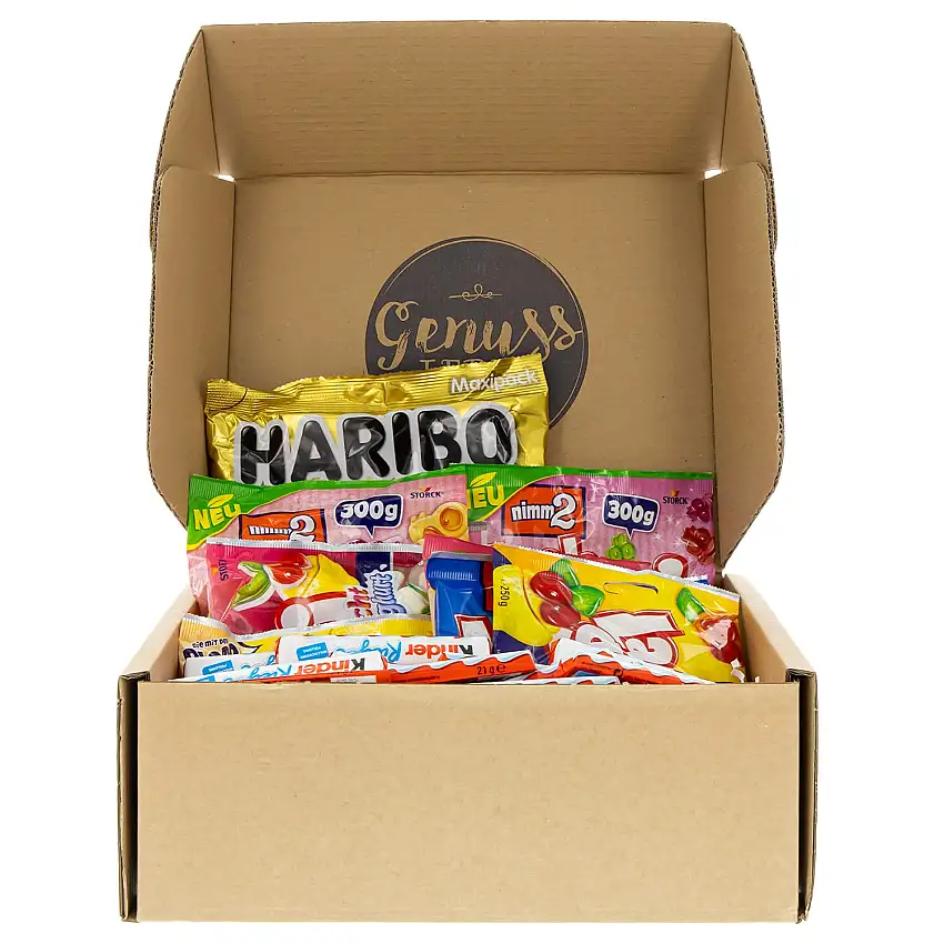 Genussleben Geschenkbox mit 1 kg Lachgummi,1 kg Haribo und 36x leckeren Kinder Riegeln Grosspackung