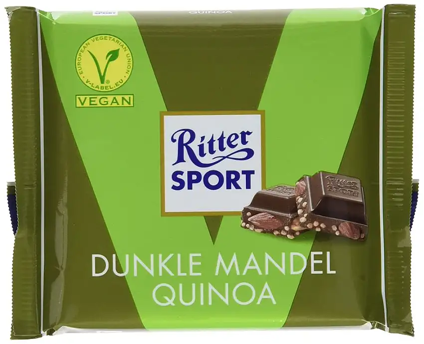 RITTER SPORT Dunkle Mandel Quinoa (100 g), Vegane Schokolade, verfeinert mit ganzen Mandeln und knusprigen Quinoacrisps, Halbbitterschokolade