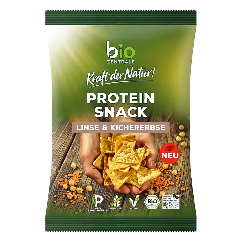 biozentrale Protein Snack Linse & Kichererbse, 8 x 50 g (8er Pack), 26g Protein/100g, vegan & glutenfrei, über 70% Hülsenfrüchte, nicht frittiert, lecker mit unseren Aufstrichen