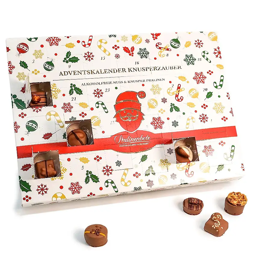 Pralinenbote - Adventskalender mit 24 Nougat Pralinen ohne Alkohol von deutschen Chocolatiers, das Pralinen Geschenk