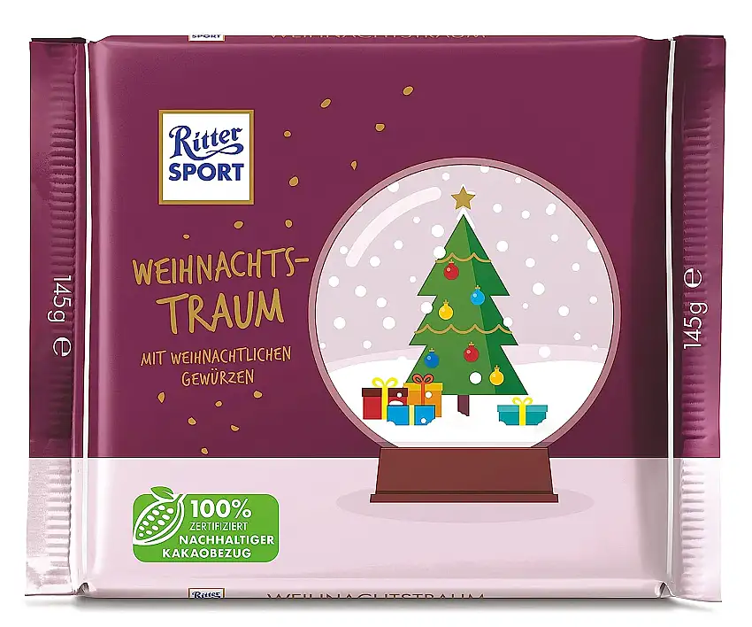 Ritter Sport Weihnachtstraum, 145 g, winterliche Schokolade mit weihnachtlichen Gewürzen, Vollmilchschokolade verfeinert mit Zimt & Nelken, extra große Tafel zum Verschenken