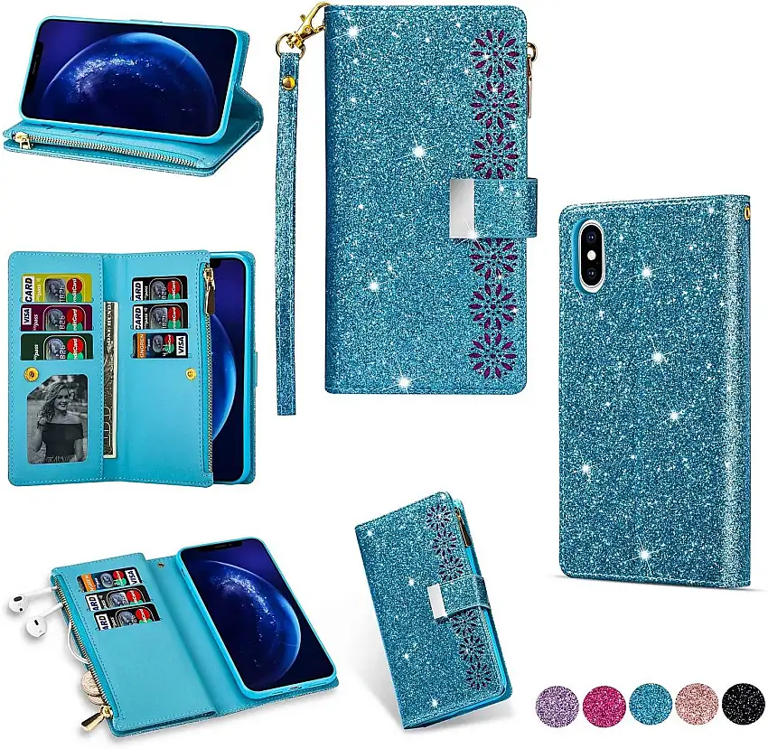 Miagon Reißverschluss Brieftasche Glitzer Hülle für iPhone XS Max,Flip Handytasche mit 9 Kartenfächer Handschlaufe PU Leder Magnet Bling Multifunktions,Blau