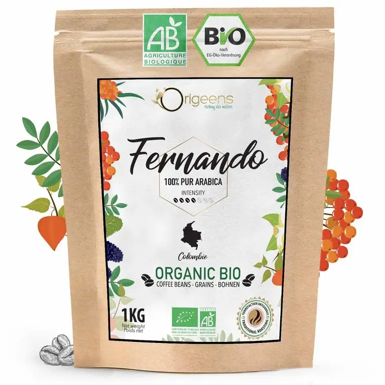☘️ BIO Kaffeebohnen 1kg | Biologische Arabica Kaffee Ganze Bohnen | Single Origin Kolumbien Fernando | Säurearm | Traditionelle Röstung