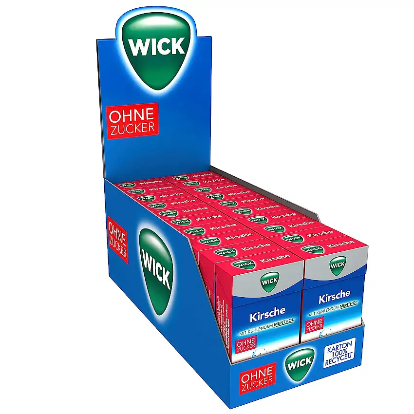 WICK Hustenbonbons Kirsche und Eukalyptus ohne Zucker Vorratspack – Wohltuendes Hustenbonbon mit Sauerkirschsaft und Eukalyptusöl für ein tiefes Atemerlebnis – 20er Pack (20 x 46 g)