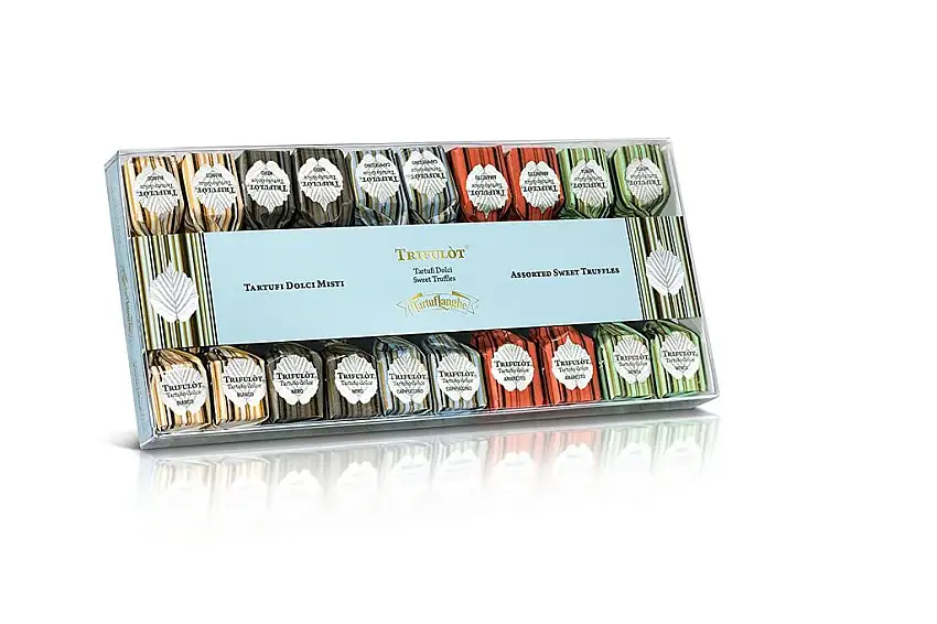 Tartuflanghe - MINI SWEET TRÜFFELN D'ALBA - MIXED (weiß / schwarz / Amaretto / Cappuccino / mint) 4 Stück auf 140 g Geschmack - Tins Acetat
