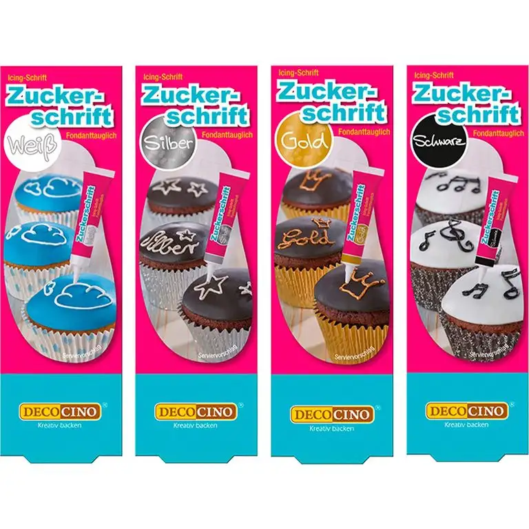 DECOCINO Zuckerschrift Set (4 Farben) – Weiß, Schwarz, Silber & Gold – Lebensmittelfarben-Schrift – praktische Tube zur Beschriftung von Fondant & Glasuren – Back-Deko für Torten, Kuchen & Cup-Cakes!