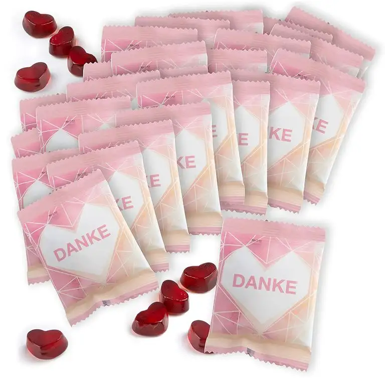 WeddingTree Fruchtgummiherzen "Danke" 25 x 10g in kleinen päckchen mit Kraftpapier - perfekt als Gastgeschenke Geburtstag, als Hochzeitsdeko Vintage oder Gästegeschenke Taufe