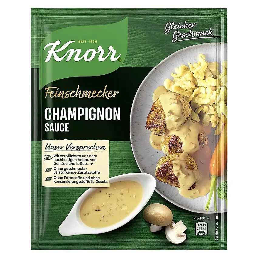 Knorr Feinschmecker Champignon Sauce cremige braune Sauce ohne geschmacksverstärkende Zusatzstoffe und Farbstoffe 250 ml 1er-Pack