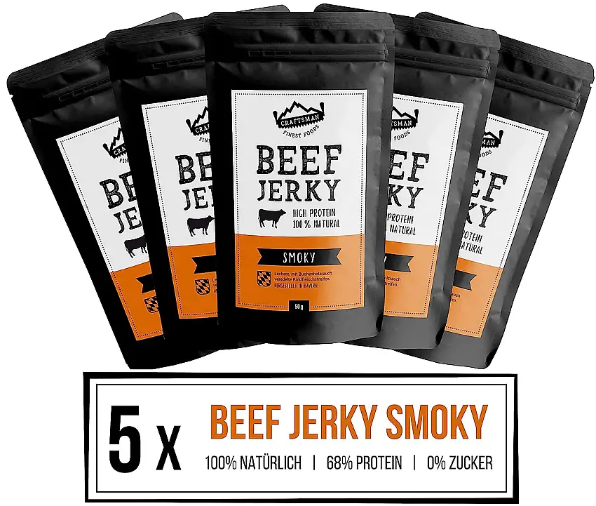 Craftsman Beef Jerky Smoky | Aus Deutschland - Bayern | Set 5 x 50g = 250g | 100 % Rindfleisch | High Protein 68 % | Biltong / Dörrfleisch / Trockenfleisch Smoky | 100% Natürlich | Ohne Zucker