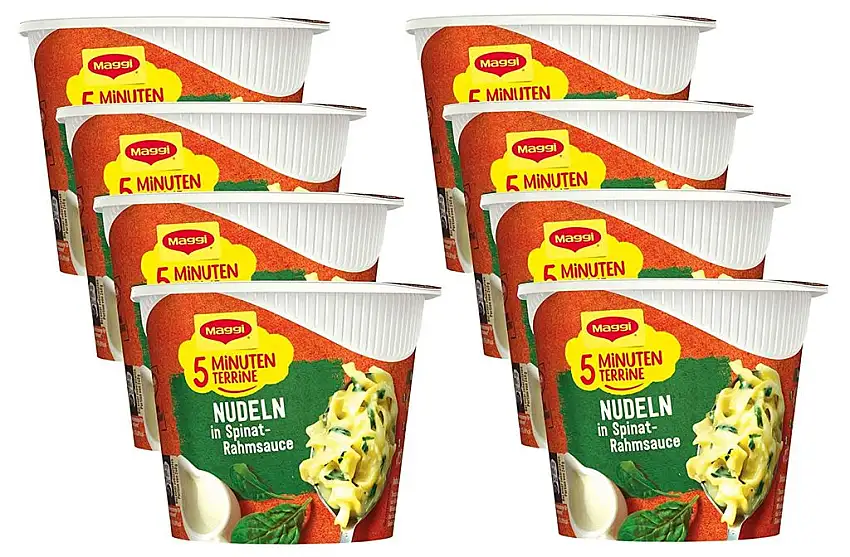 Maggi 5 Minuten Terrine Nudeln in Spinat-Rahm-Sauce, leckeres Fertiggericht, Instant-Bandnudeln, Eiernudeln mit Käse & Zwiebeln, 8er Pack (8 x 50g)