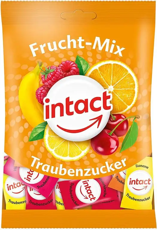 intact Frucht-Mix Traubenzucker Beutel - 2x 100g, zartschmelzende Bonbons, einzeln verpackt, bekannt aus Ihrer Apotheke, für Diabetiker, Sport und Schule