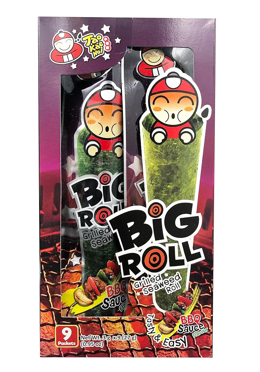 Tao Kae Noi Big Roll Grilled Seaweed BBQ Sauce, gegrillter Seetang, gegrillter Algensnack mit BBQ Flavour, 9 Snackrolls a 3 g, 27 g