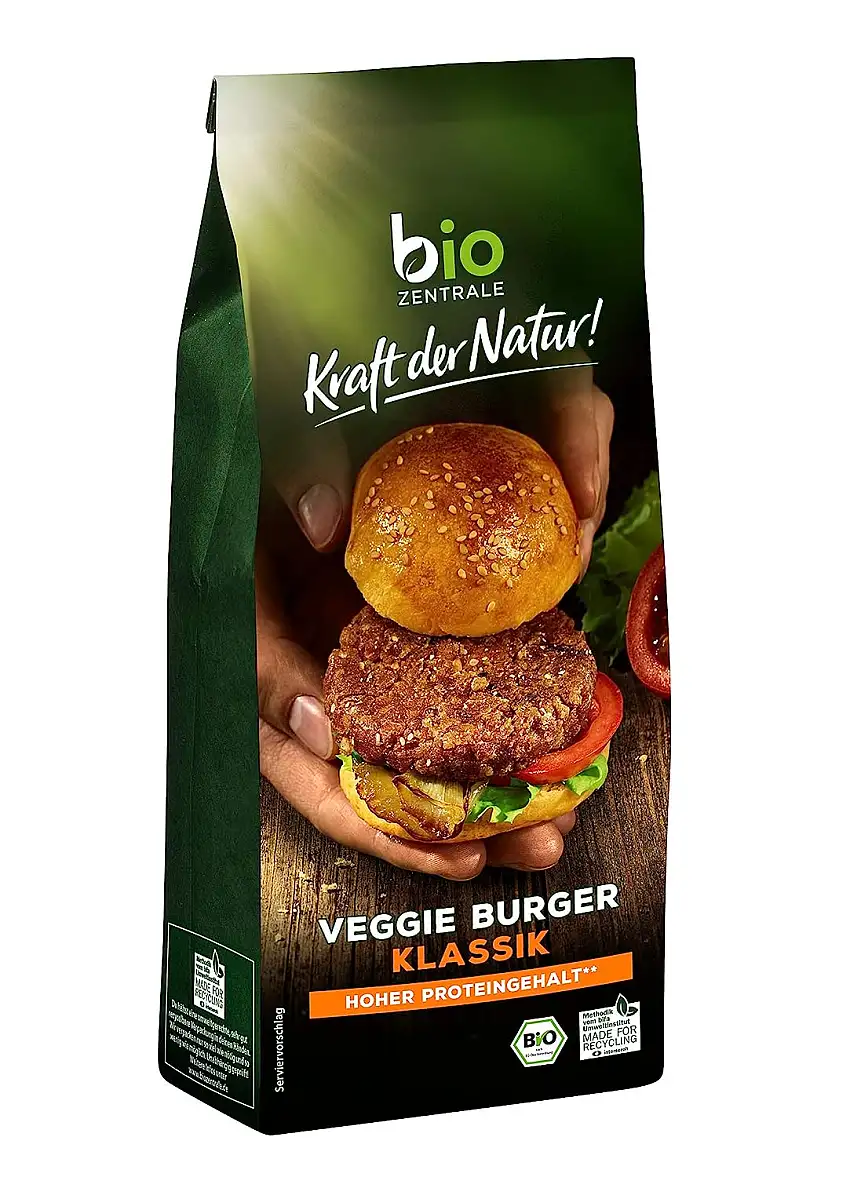 biozentrale Veggie Burger Klassik, circa 4 Burger, vegane Fleisch-Alternative aus Erbsenprotein, hoher Proteingehalt, ohne Soja, zum Braten und Grillen, 170 g
