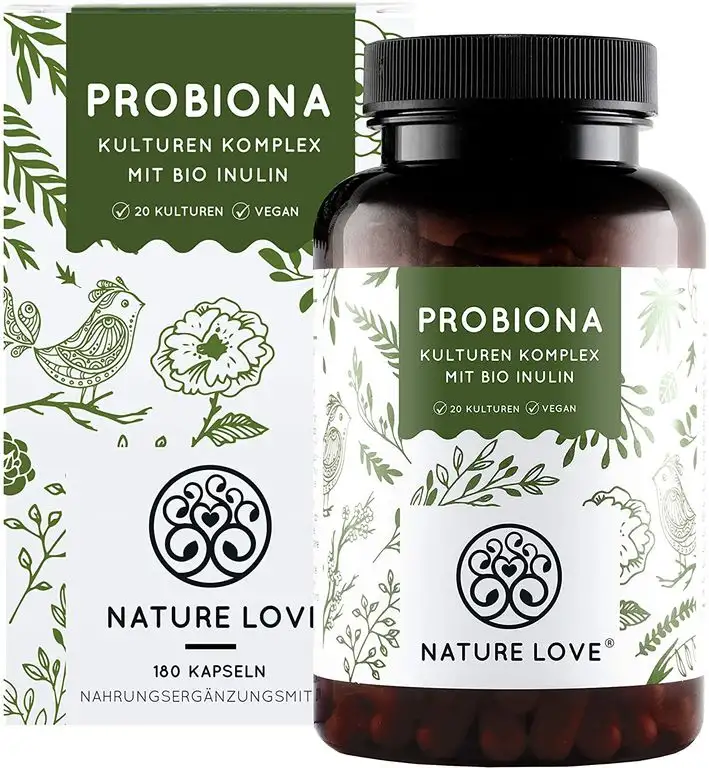 NATURE LOVE® Probiona Komplex - 20 Bakterienstämme + Bio Inulin - 180 magensaftresistente DRCaps® Kapseln - 2X hochdosiert: 20 Mrd KBE je Tagesdosis - Vegan, in Deutschland produziert