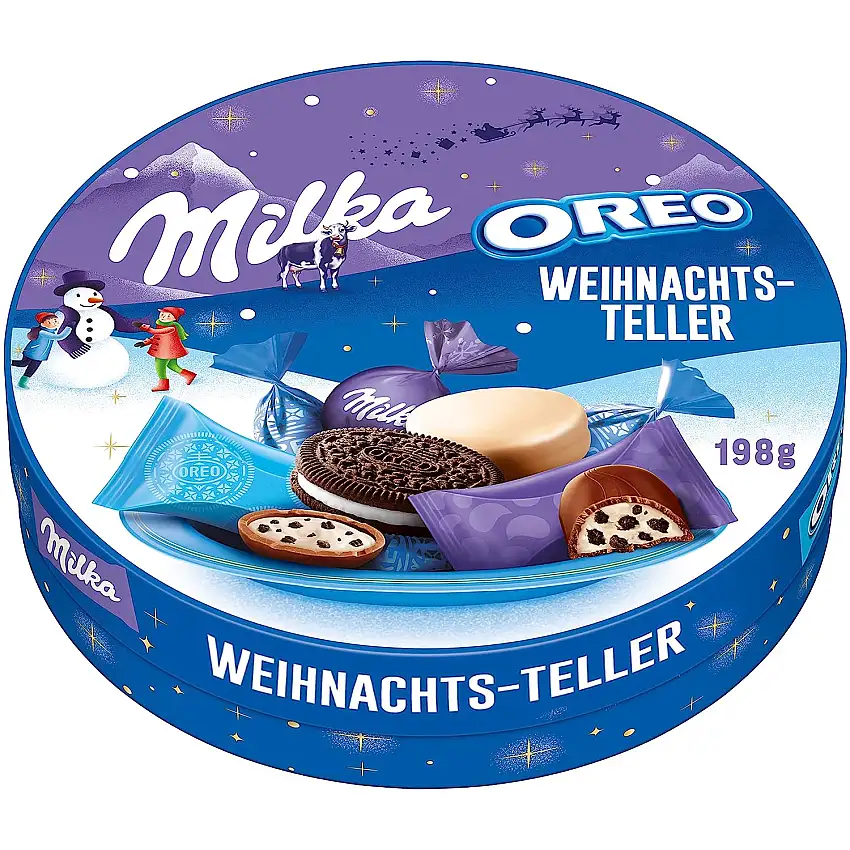 Milka und OREO Weihnachts-Teller 198g, Mix aus 6 verschiedenen Süßigkeiten