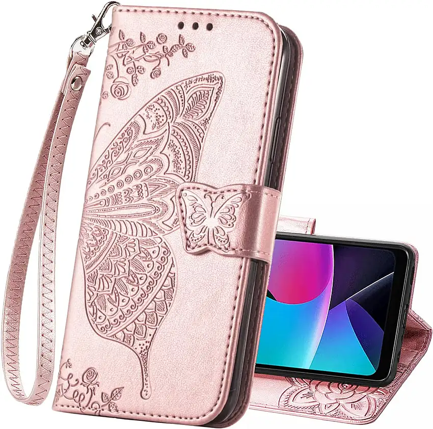 Schutzhülle für Moto G 5G 2023, PU-Leder, Brieftaschen-Design, Klapphülle, Handschlaufe, Kartenfächer, Tasche, Prägung, Schmetterling, Blume, Standfunktion, für Motorola Moto G 5G 2023, Roségold