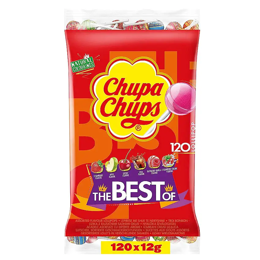 Chupa Chups Best of Lutscher-Beutel, Nachfüll-Beutel enthält 120 Lollis in 6 Geschmacksrichtungen wie Cola, Erdbeere, Kirsch, Apfel etc., 120 x 12g