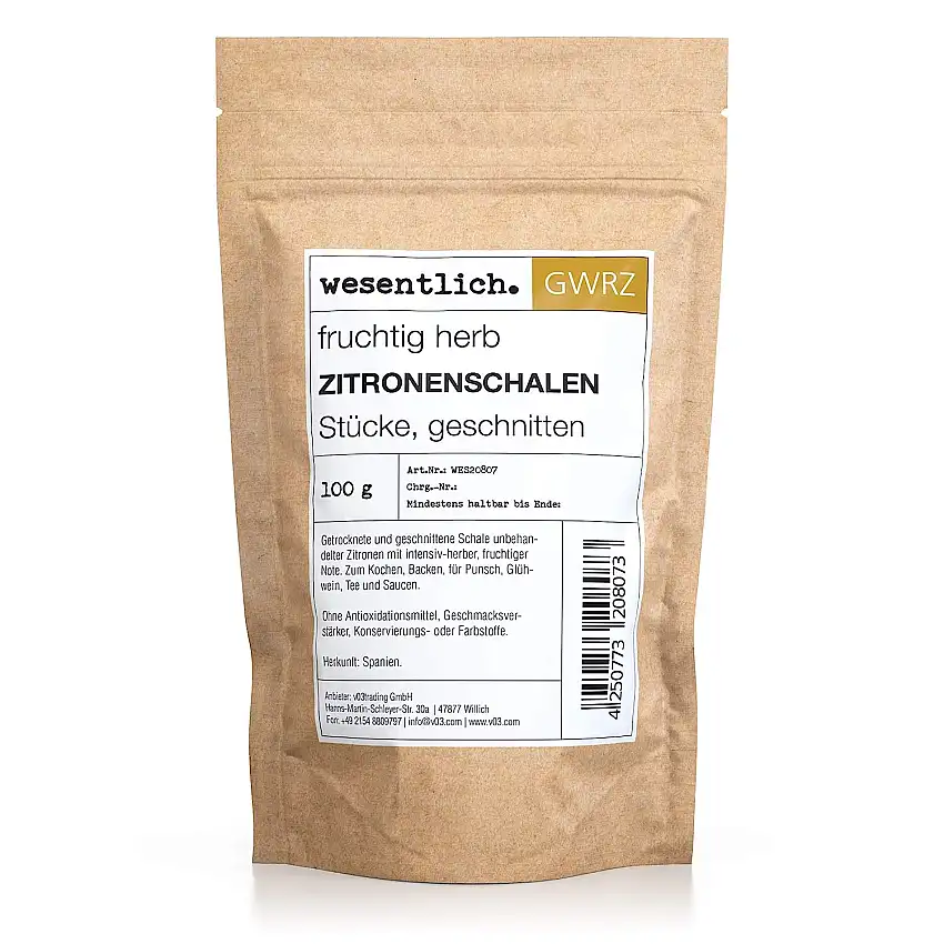 Zitronenschalen getrocknet, geschnitten, 100g - perfekt zum Kochen, Backen und für Tee - im Standbodenbeutel von wesentlich.
