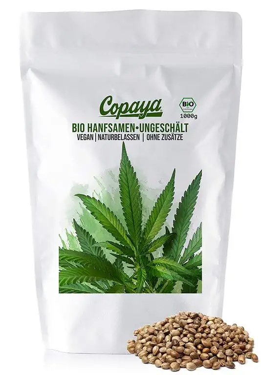 Copaya Bio Hanfsamen ungeschält, ganze Hanfnüsse vegan & naturbelassen, Hanfsaat mit Schale 1000g (1kg)