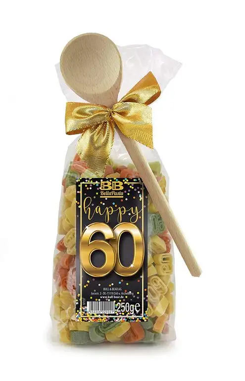 Pasta Präsent Happy 60 mit bunten Zahl-Nudeln handgefertigt in deutscher Manufaktur