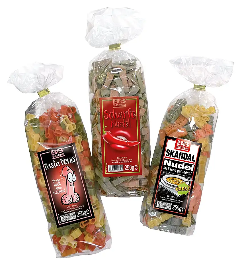 Bull & Bear bunte Erotik-Nudeln im Set, “Pasta Penis”, “Scharfe Nudel”, “Skandal-Nudel”, 3 x 250 g, Motivnudeln handgefertigt, Geschenk