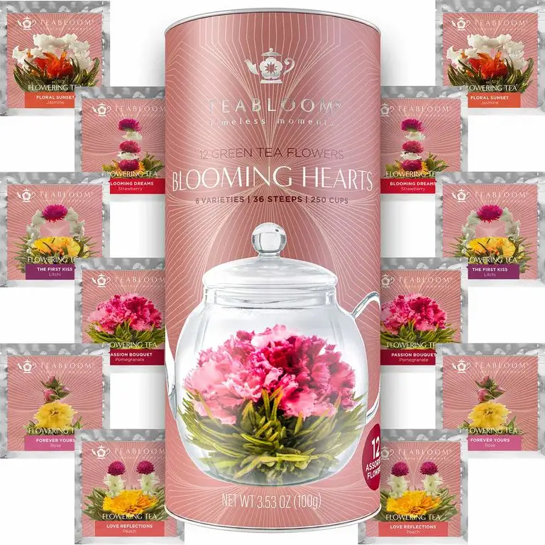 Teabloom Herzförmiger Blütentee – Geschenk-Set mit 12 zusammengestellten Blühenden Teeblumen - Grüner Tee + Jasmin, Granatapfel, Erdbeere, Rose, Litchi & Pfirsich