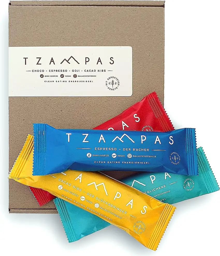 TZAMPAS Energieriegel Mix Box Mittel (8x40g) - Energy Riegel aus gerösteter Gerste im Snack Box Format - Power Riegel | Energieriegel Radsport geeignet - Bio Riegel vegan & ohne Zusätze
