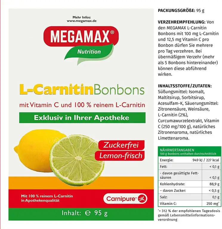 MEGAMAX Nutrition L-Carnitin Bonbons Zuckerfrei, 95 g Bonbons