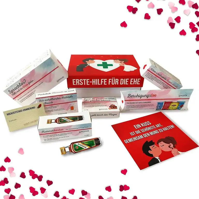 Hochzeitsgeschenk | Erste Hilfe Set für die Ehe, witziger Sanikasten | 9-teilig | Geschenk-Box zur Hochzeit / Valentinstag