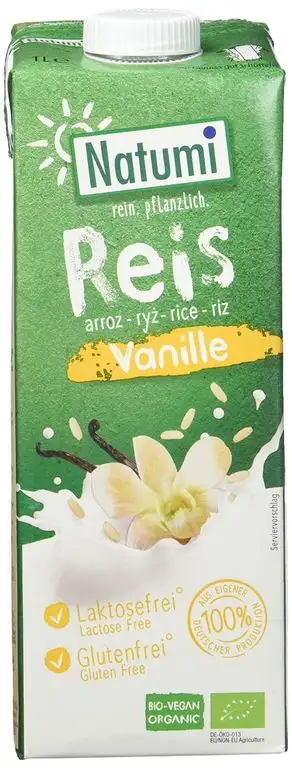 Natumi Reisdrink Vanille ungesüßt I 12er Pack Pflanzendrink Bio - 12 x 1 L I Milchersatz vegan ohne Zucker / Gluten / Laktose I Italienischer Reis & Bio Bourbon Vanille I Reis Drink Backen & Kochen